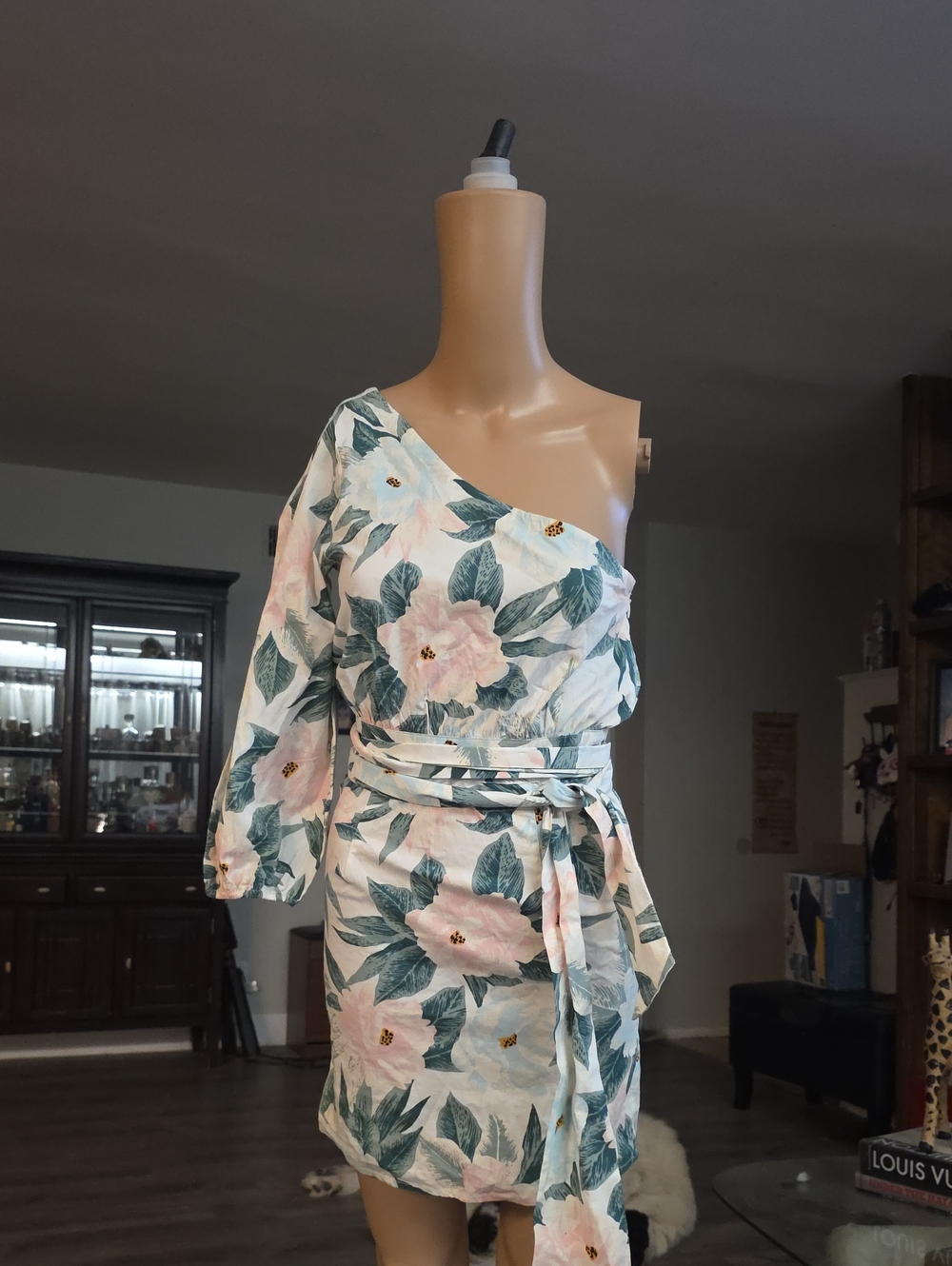 BILLABONG Floral One-Shoulder Belted Mini Dress - Pink & Green